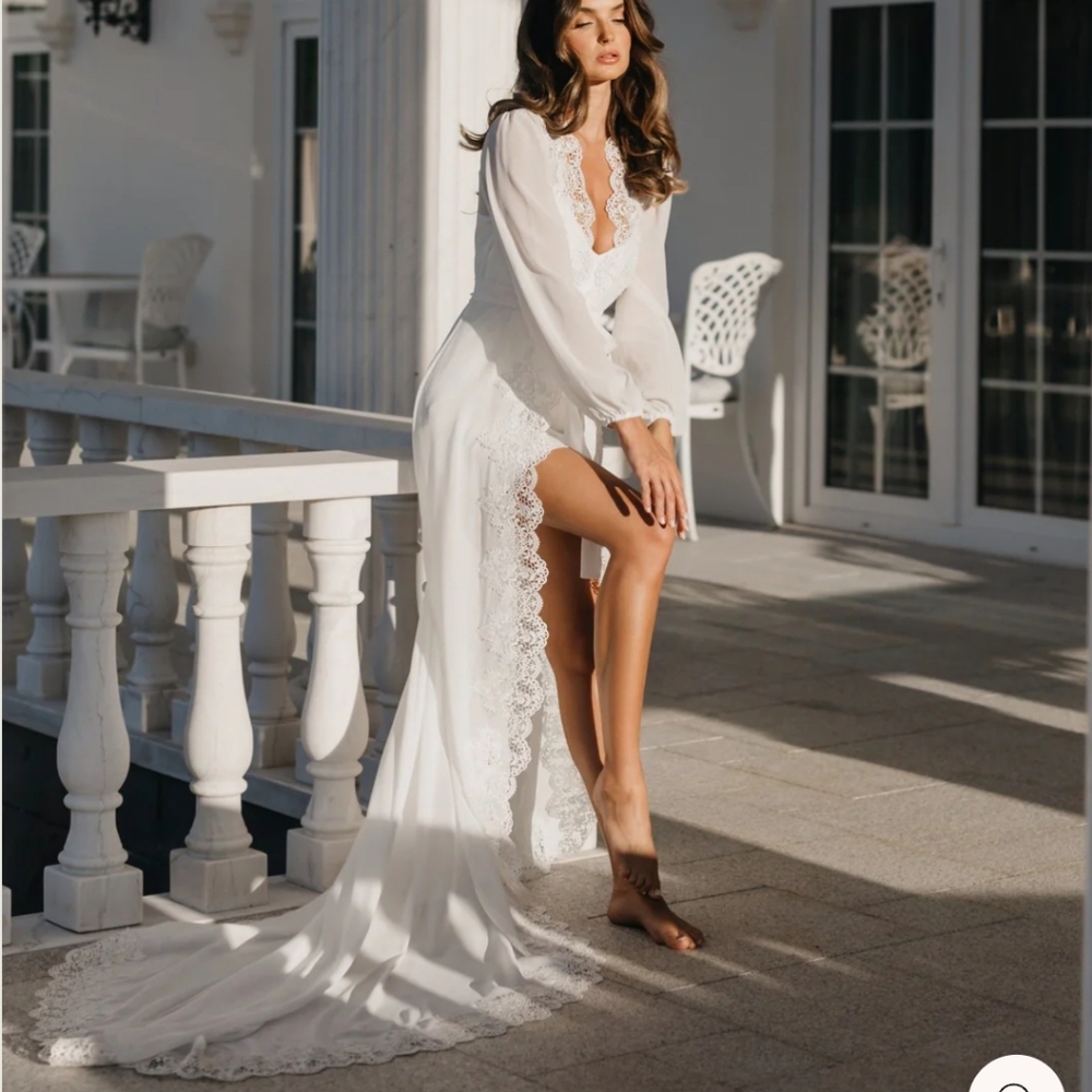 Jolie lace trim maxi bridal robe with train